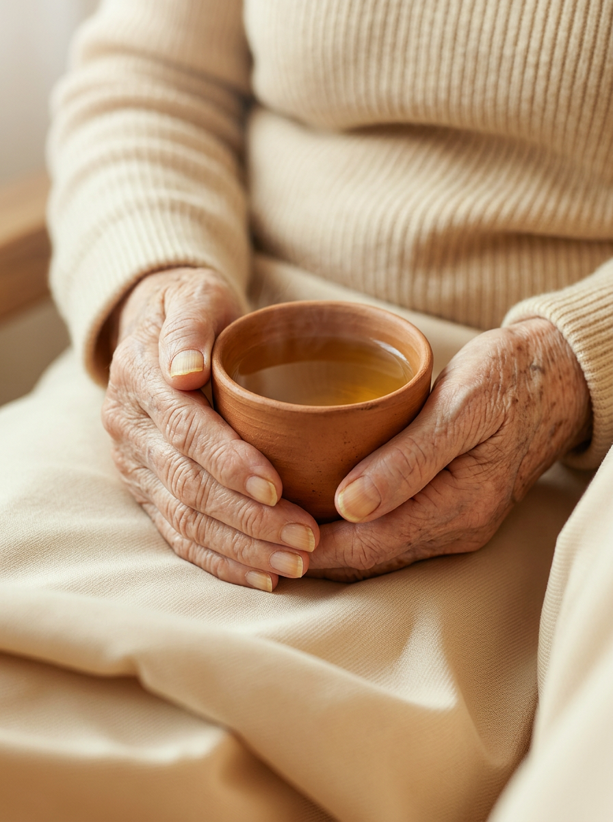 Rustige handen op schoot tijdens een geleide ontspanningssessie